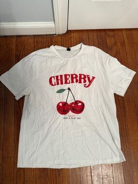 White Cherry Graphic Tee - Red Cherry Print - Oversized
